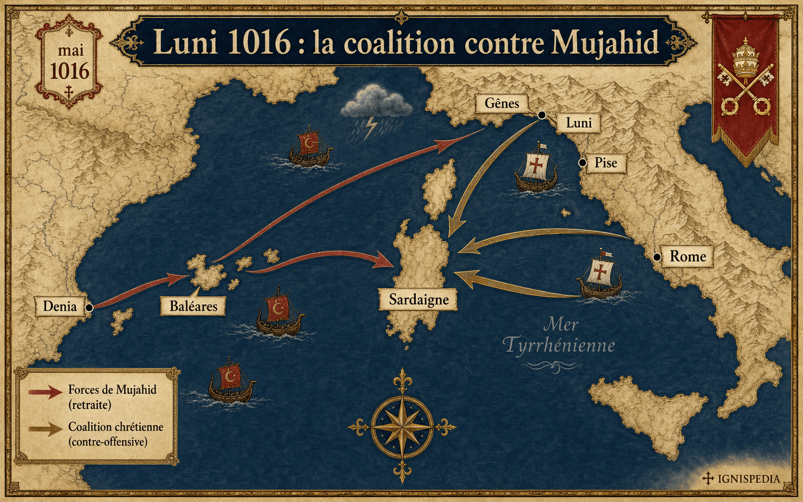 Infografik-Karte der Koalition von Luni im Jahr 1016 gegen Mujahid, mit Denia, Balearen, Sardinien, Luni, Pisa, Genua und Rom
