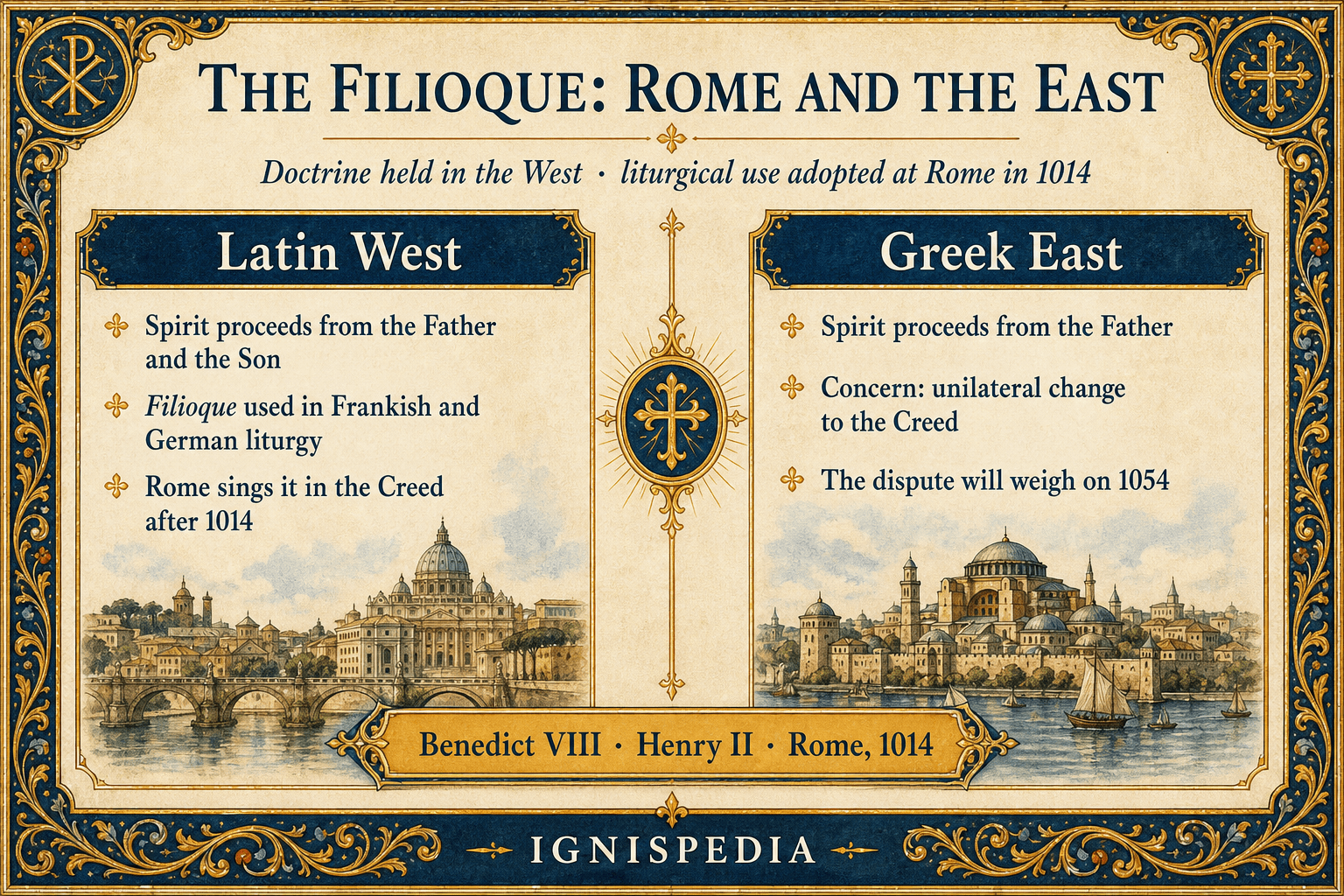Infographic comparing the Greek Creed and the Latin Creed with the Roman authorization of the Filioque chant in 1014
