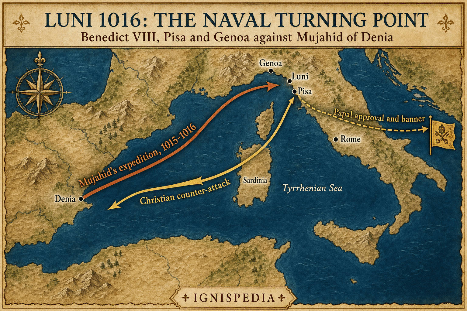 Infographic map of the Luni coalition in 1016 against Mujahid, showing Denia, Balearic Islands, Sardinia, Luni, Pisa, Genoa, and Rome