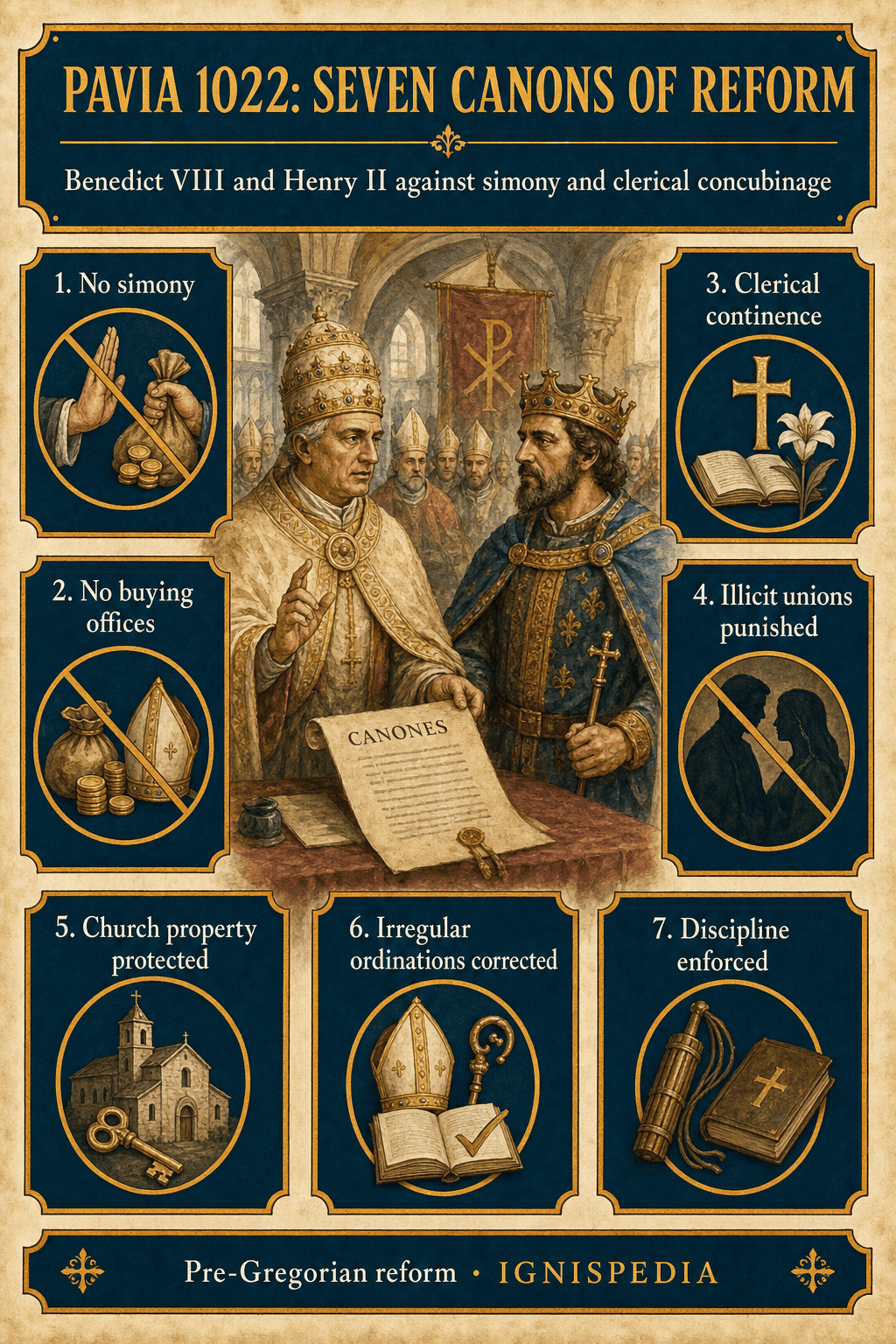 Infographic of the seven canons of the Council of Pavia 1022 against simony, clerical concubinage, and abuses of Church property