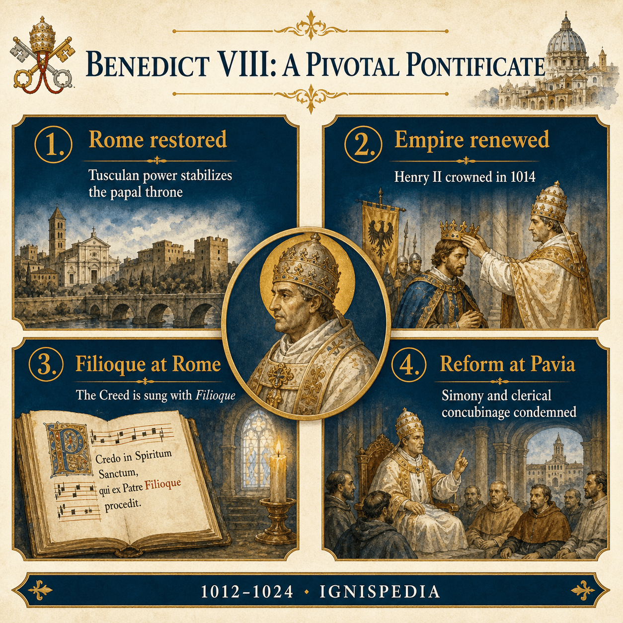 Infographic Benedict VIII, a pivotal pontificate: Rome restored, Henry II and Filioque, Luni against Mujahid, Pavia reform