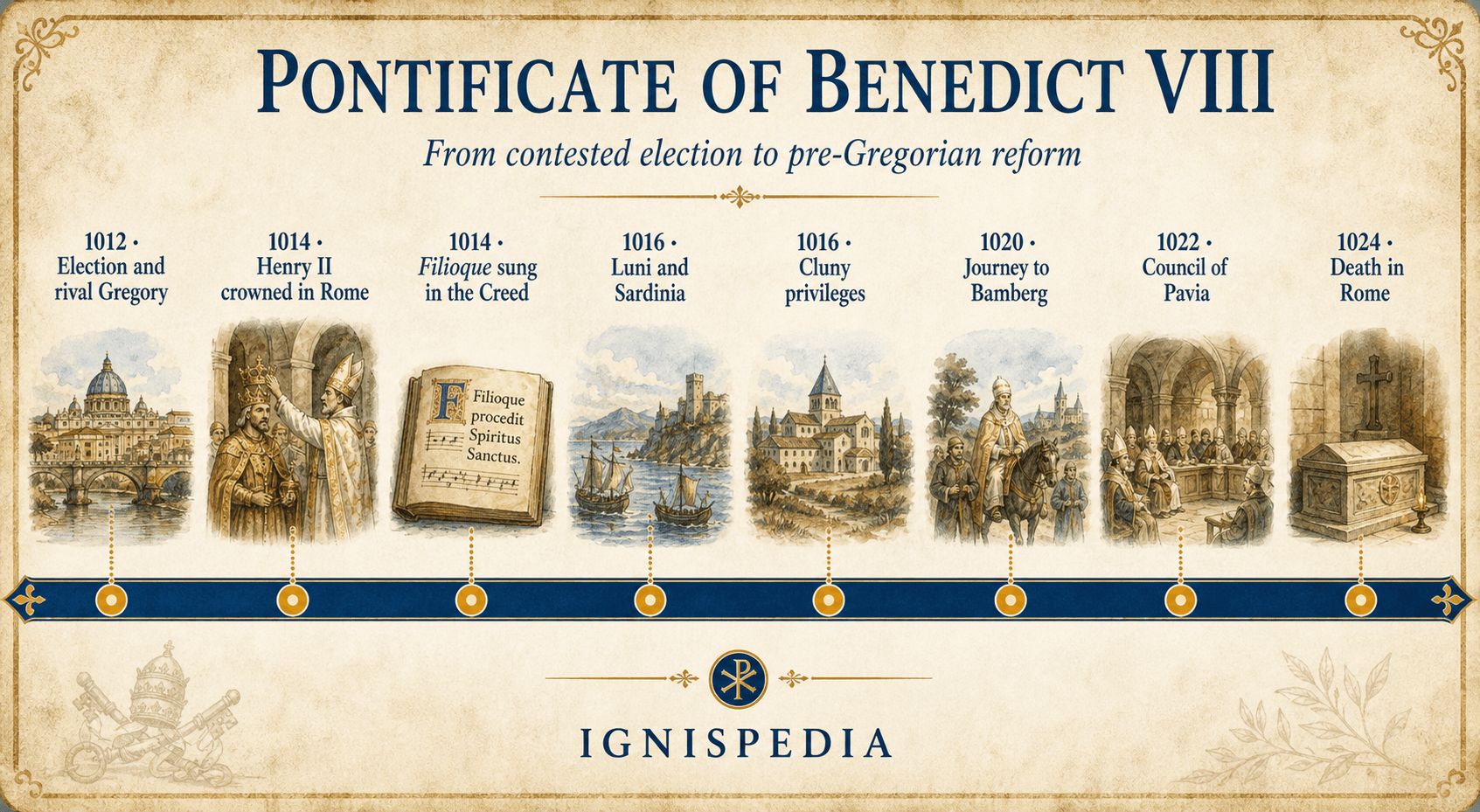 Visual timeline of Benedict VIII’s pontificate from 1012 to 1024: election, coronation, Filioque, Luni, Cluny, Bamberg, Pavia, and death