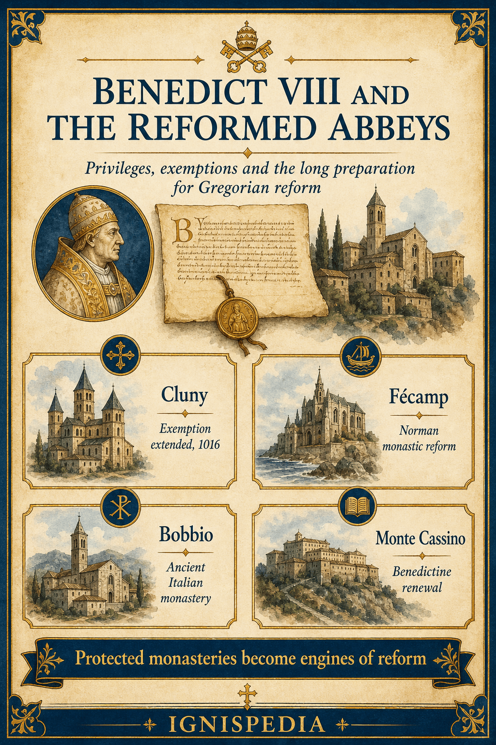 Infographic of the network of reformed abbeys protected by Benedict VIII: Rome, Cluny, Fécamp, Bobbio, Monte Cassino, and Saint Apollinaris