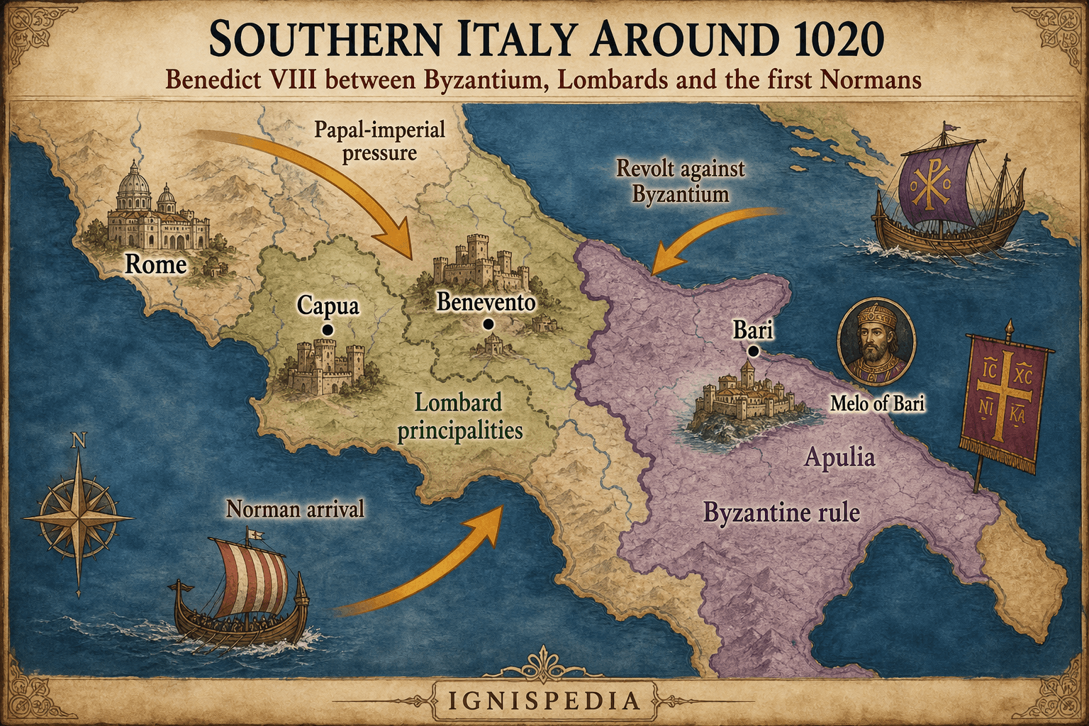 Infographic map of Southern Italy around 1020 with Rome, Bamberg, Bari, Troia, Byzantium, Melo of Bari, Drengot, Normans, and Apulia