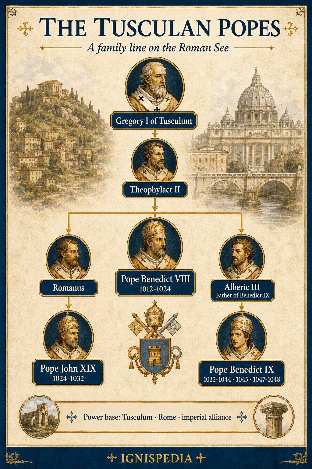 Genealogical infographic of the Tusculani: Gregory I of Tusculum, Maria, Benedict VIII, John XIX, Alberic III, and Benedict IX