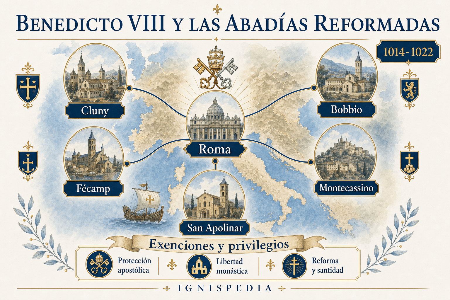Infografía de la red de abadías reformadas protegidas por Benedicto VIII: Roma, Cluny, Fécamp, Bobbio, Montecasino y San Apolinario