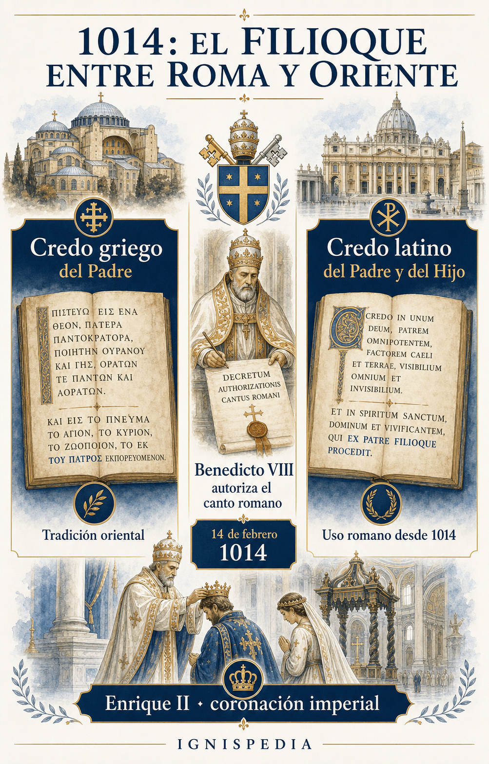 Infografía comparando el Credo griego y el Credo latino con la autorización romana del canto del Filioque en 1014