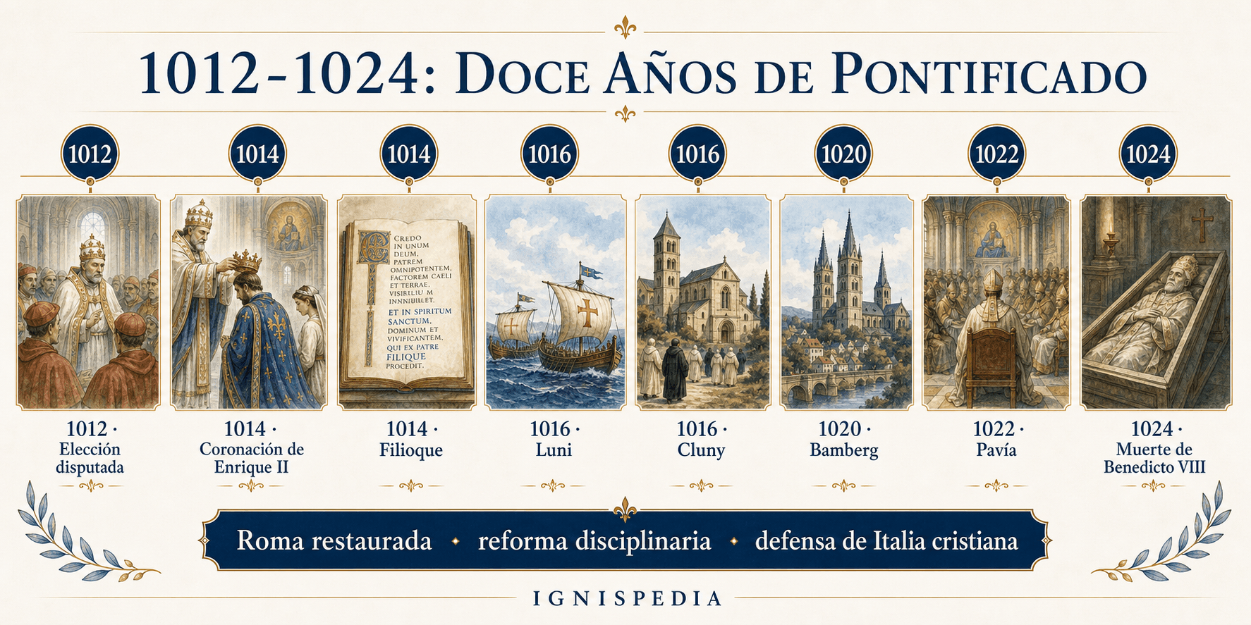 Friso visual del pontificado de Benedicto VIII de 1012 a 1024: elección, coronación, Filioque, Luni, Cluny, Bamberg, Pavía y muerte