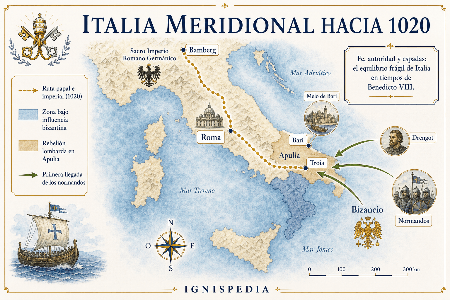 Mapa infográfico de la Italia meridional hacia 1020 con Roma, Bamberg, Bari, Troia, Bizancio, Melo de Bari, Drengot, normandos y Apulia