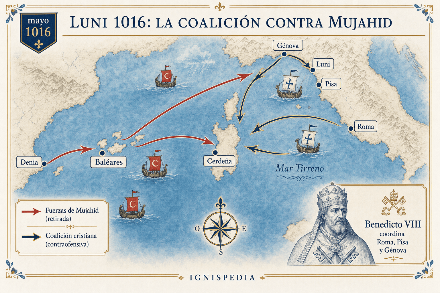Mapa infográfico de la coalición de Luni en 1016 contra Mujahid, con Denia, Baleares, Cerdeña, Luni, Pisa, Génova y Roma