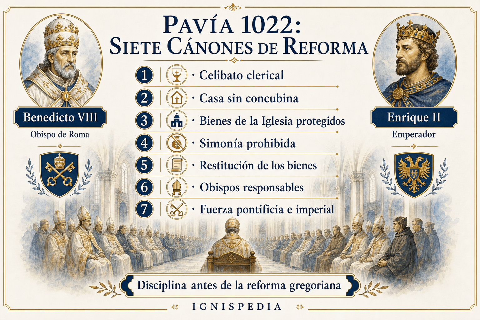 Infografía de los siete cánones del concilio de Pavía de 1022 contra la simonía, el concubinato clerical y los abusos sobre los bienes de la Iglesia
