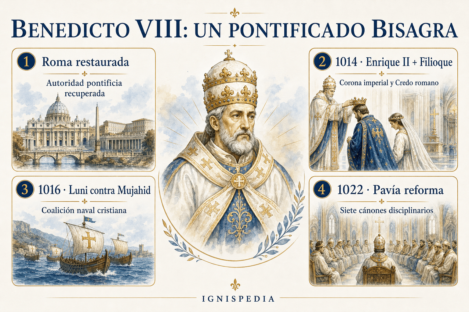 Infografía Benedicto VIII, un pontificado bisagra: Roma restaurada, Enrique II y Filioque, Luni contra Mujahid, Pavía reforma