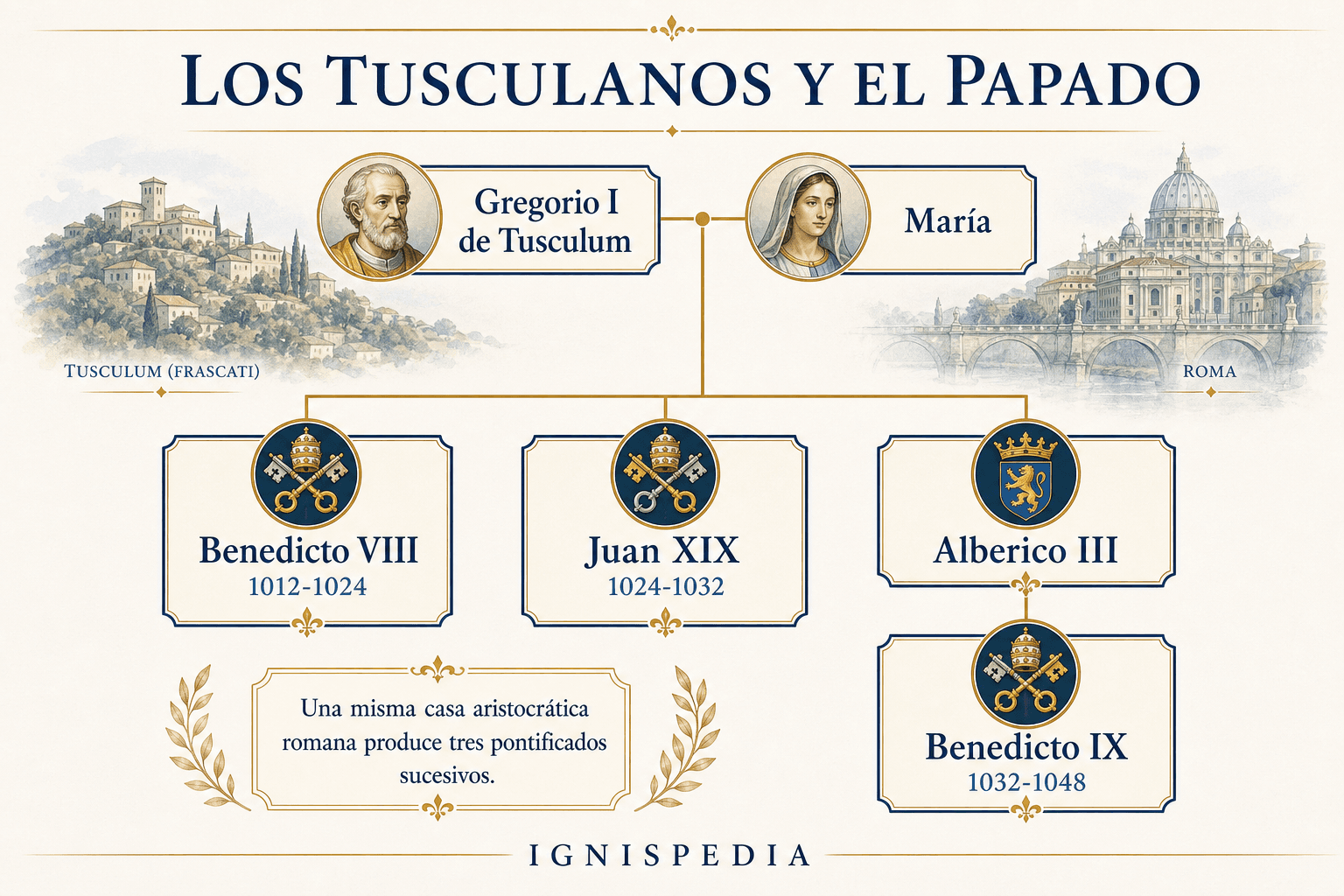 Infografía genealógica de los Tusculani: Gregorio I de Tusculum, María, Benedicto VIII, Juan XIX, Albérico III y Benedicto IX