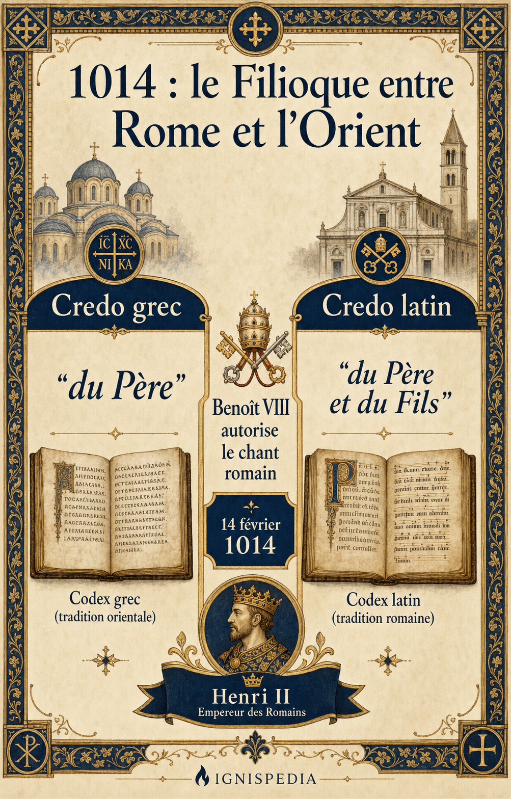 Infografik zum Vergleich des griechischen und des lateinischen Credo mit der römischen Zulassung des gesungenen Filioque im Jahr 1014