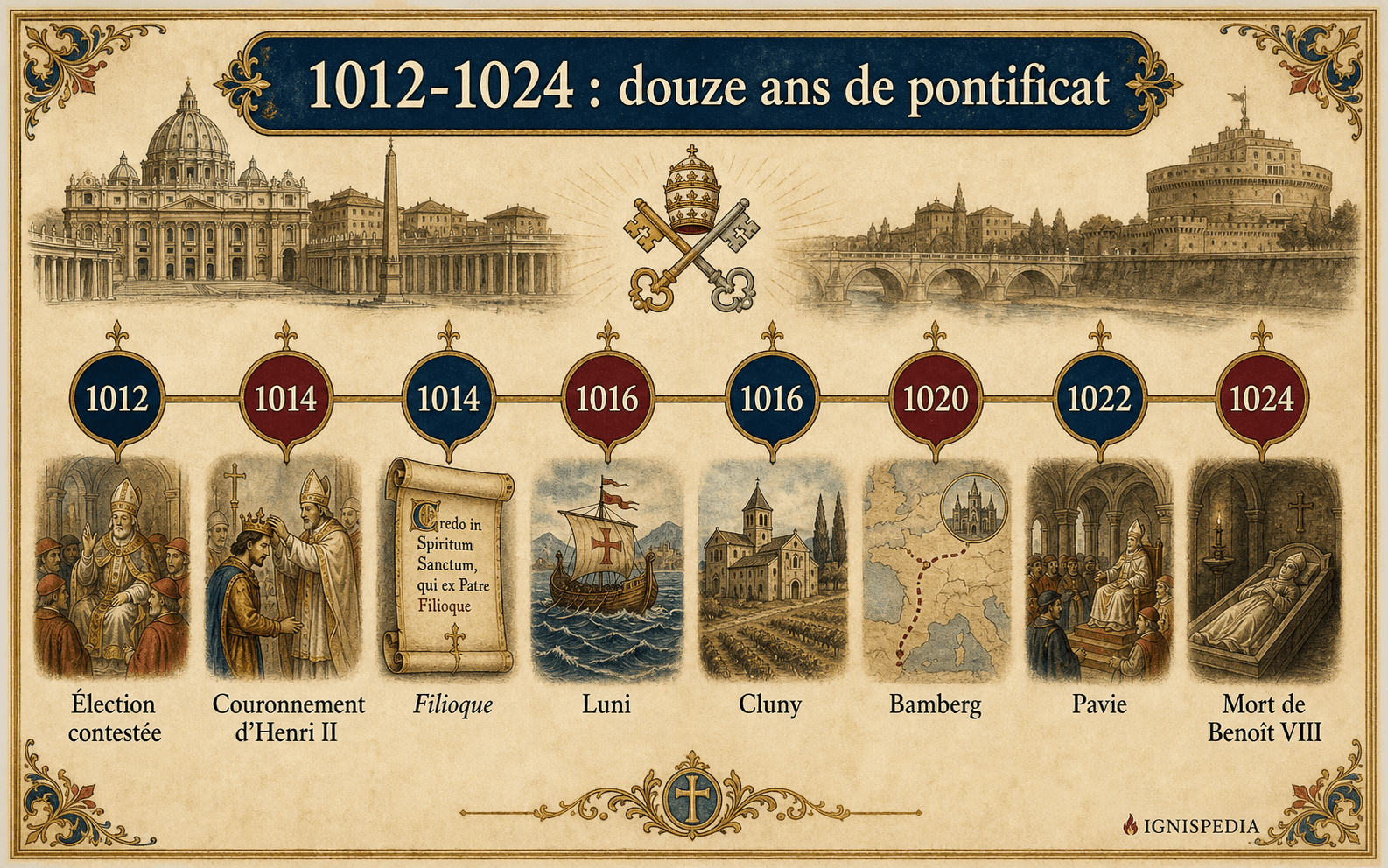 Bildlicher Fries des Pontifikats Benedikts VIII. von 1012 bis 1024: Wahl, Krönung, Filioque, Luni, Cluny, Bamberg, Pavia und Tod