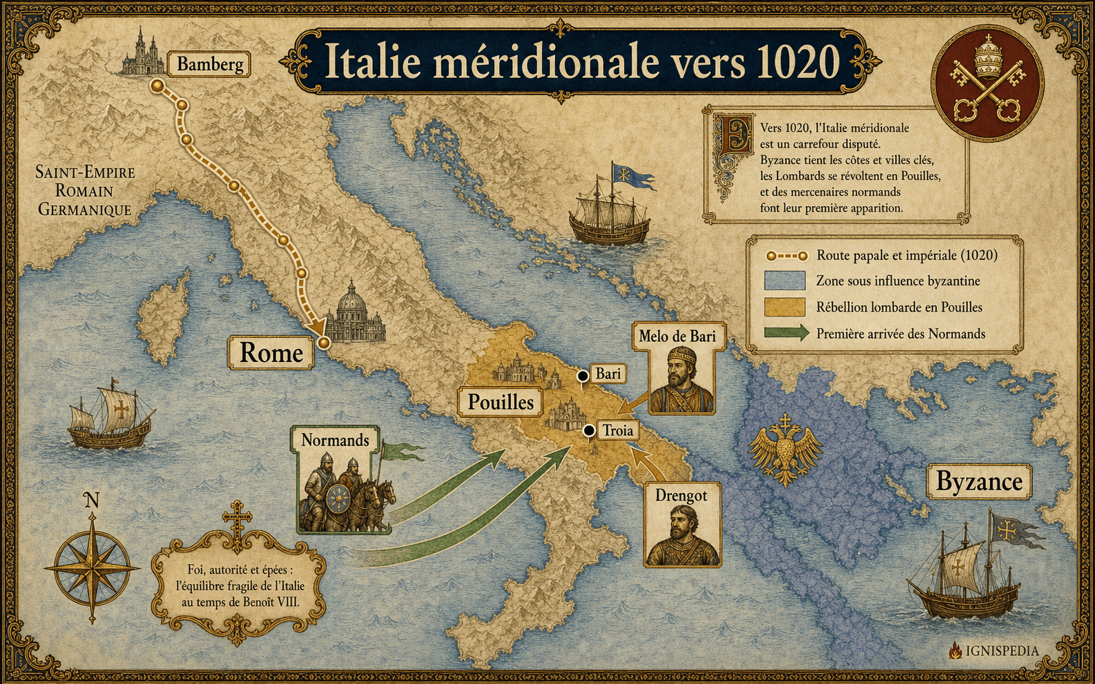 Infografische Karte Süditaliens um 1020 mit Rom, Bamberg, Bari, Troia, Byzanz, Melo von Bari, Drengot, Normannen und Apulien