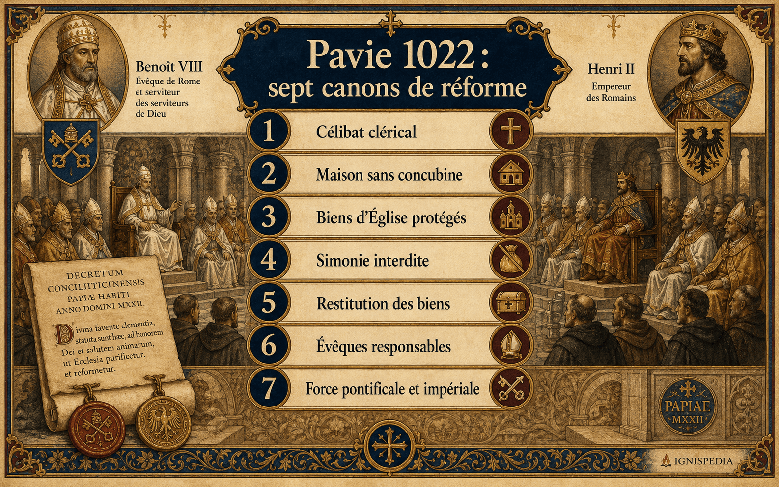 Infografik zu den sieben Kanones des Konzils von Pavia 1022 gegen Simonie, Priesterkonkubinat und Missbräuche des Kirchenguts