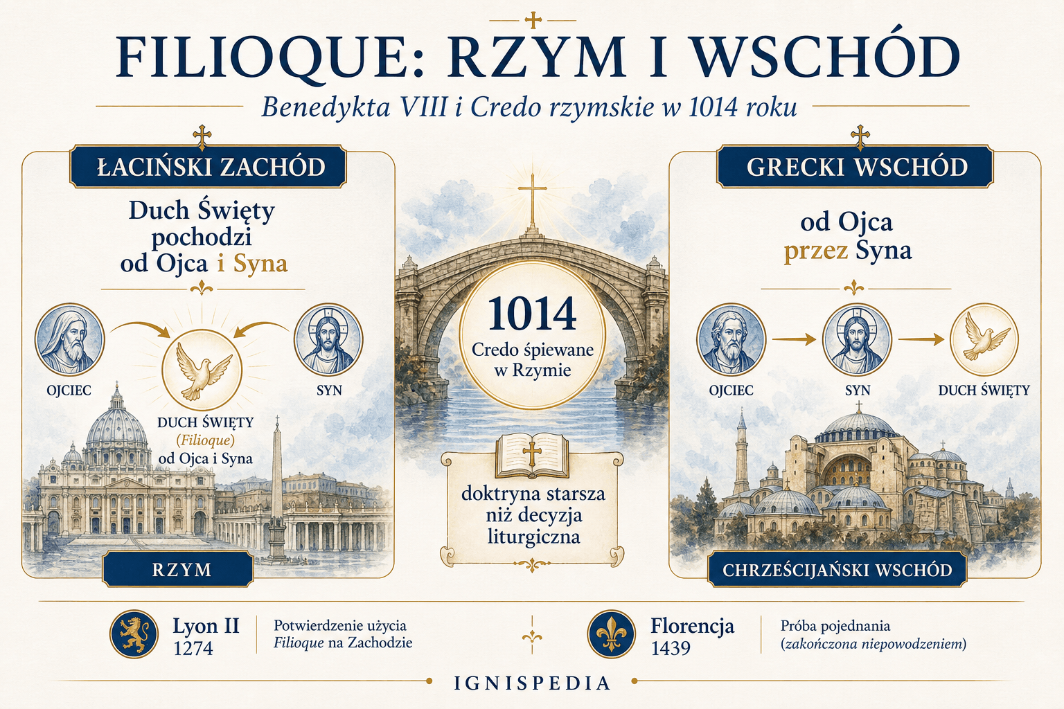 Infografika porównująca Credo greckie i Credo łacińskie z rzymskim zezwoleniem na śpiew Filioque w 1014 roku