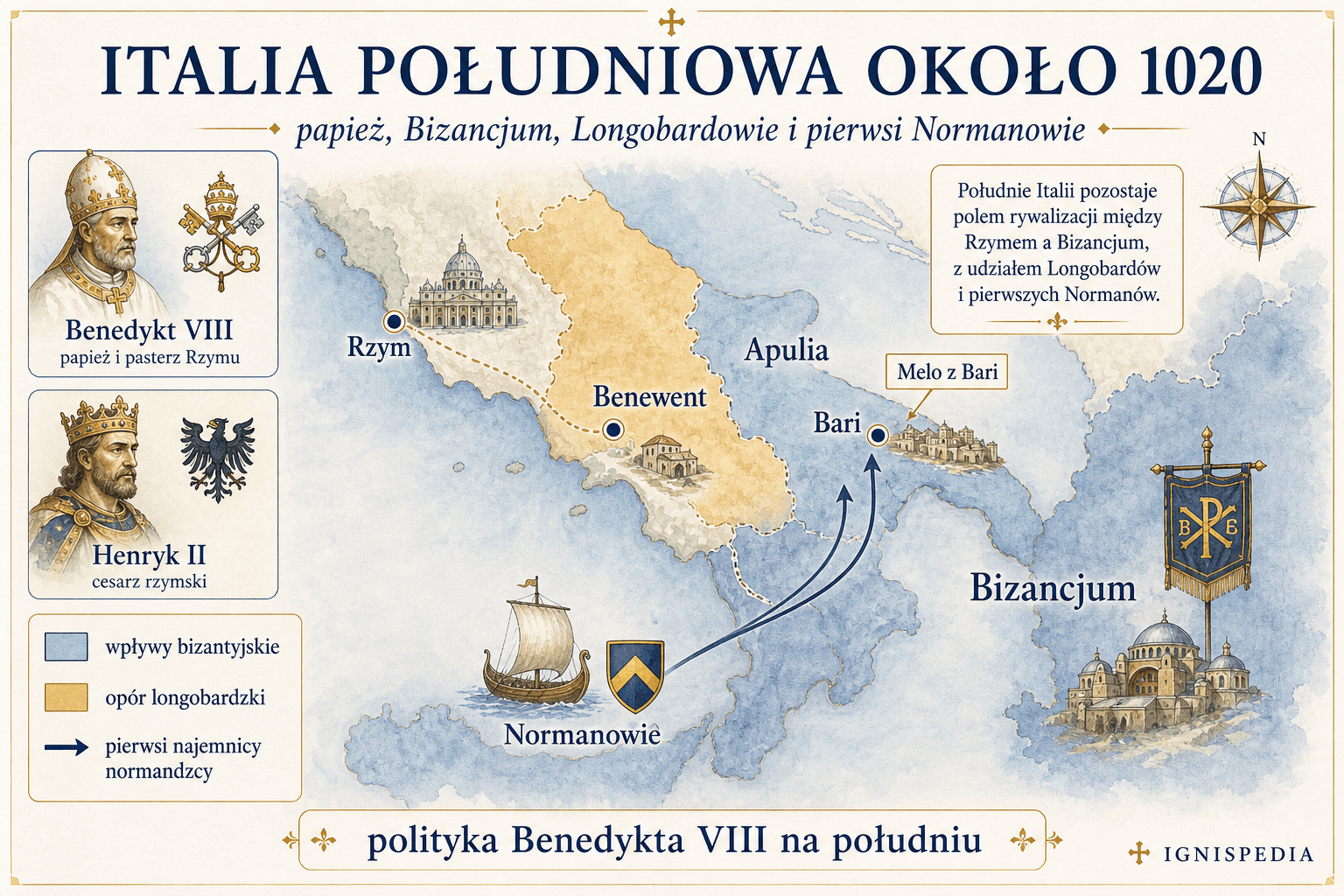 Mapa infograficzna południowych Włoch około 1020 roku z Rzymem, Bambergiem, Bari, Troją, Bizancjum, Melo z Bari, Drengot, Normanami i Apulią