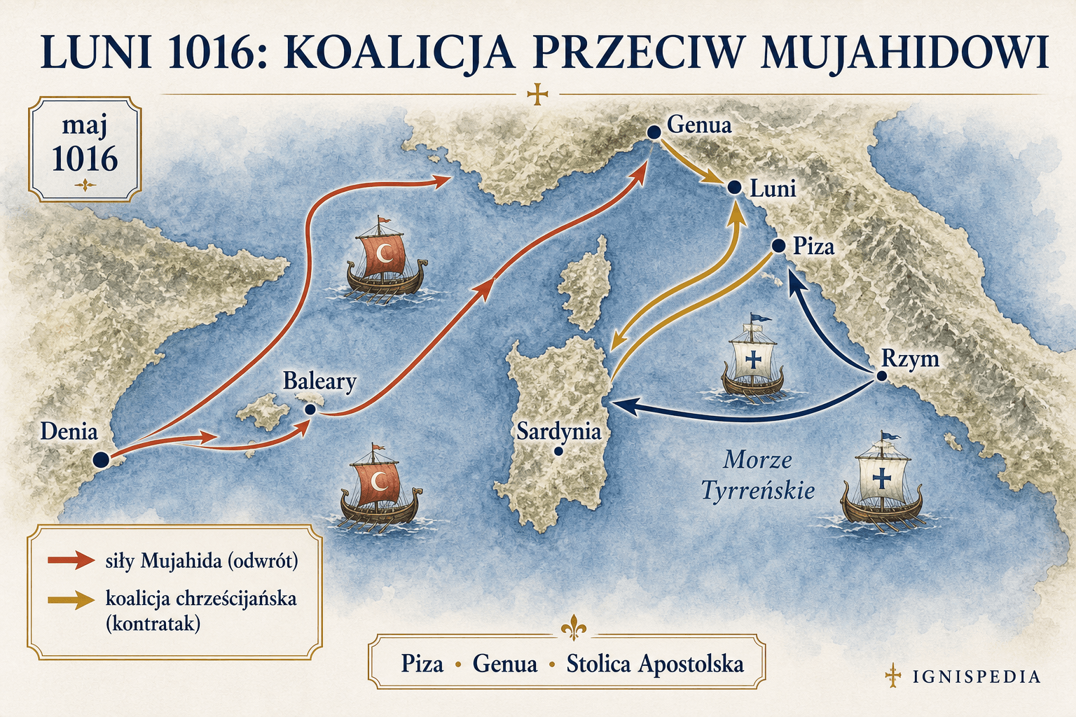 Mapa infograficzna koalicji pod Luni w 1016 roku przeciwko Mujahidowi, z Denią, Balearami, Sardynią, Luni, Pizą, Genuą i Rzymem
