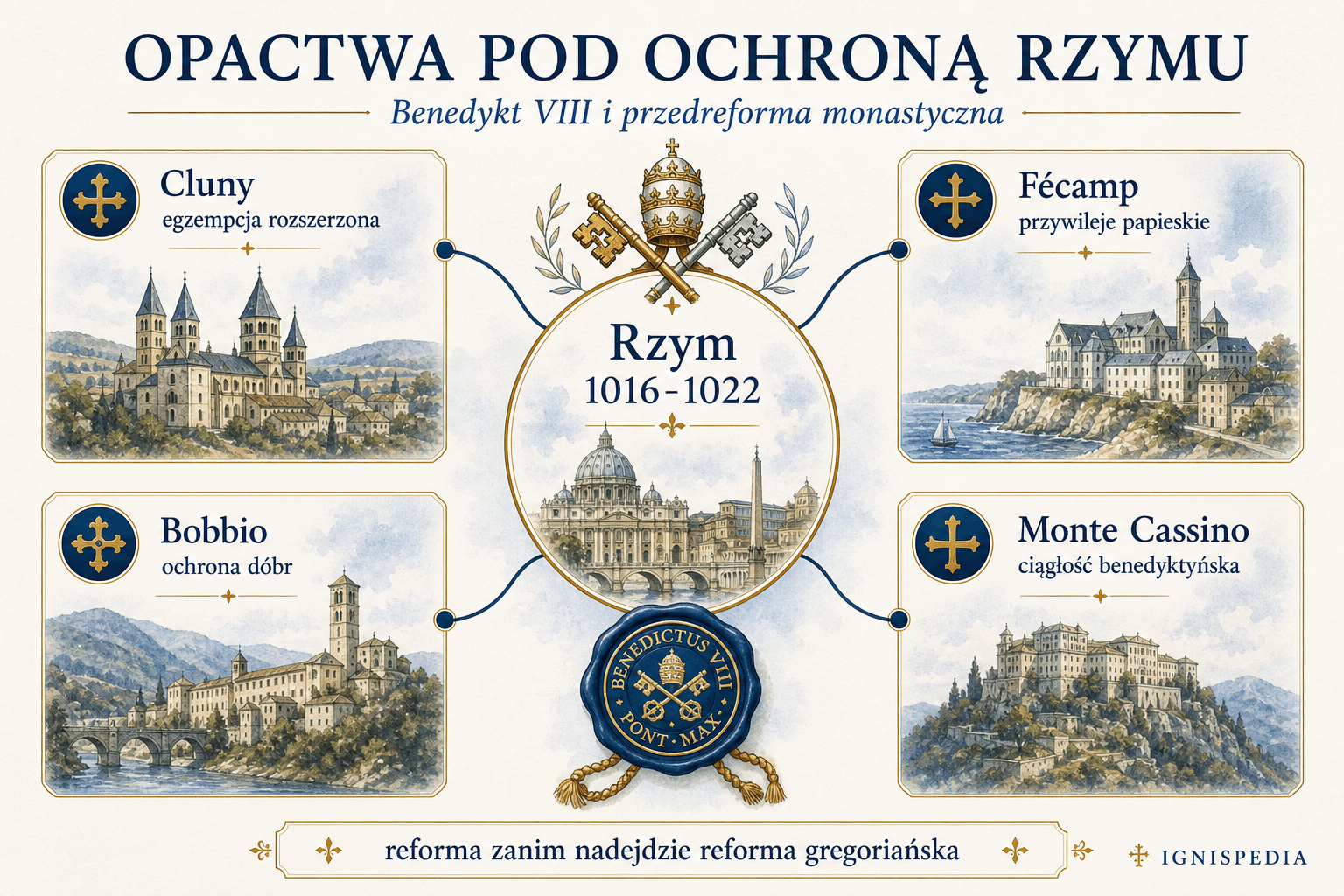 Infografika sieci zreformowanych opactw chronionych przez Benedykta VIII: Rzym, Cluny, Fécamp, Bobbio, Monte Cassino i Saint-Apollinaire