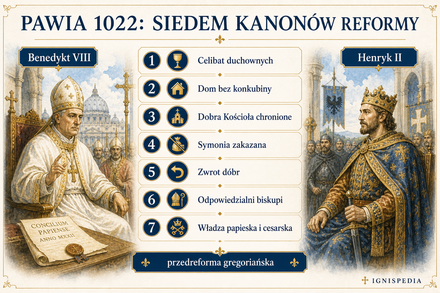 Infografika siedmiu kanonów soboru w Pawii z 1022 roku przeciw symonii, konkubinowi duchownych i nadużyciom dóbr Kościoła