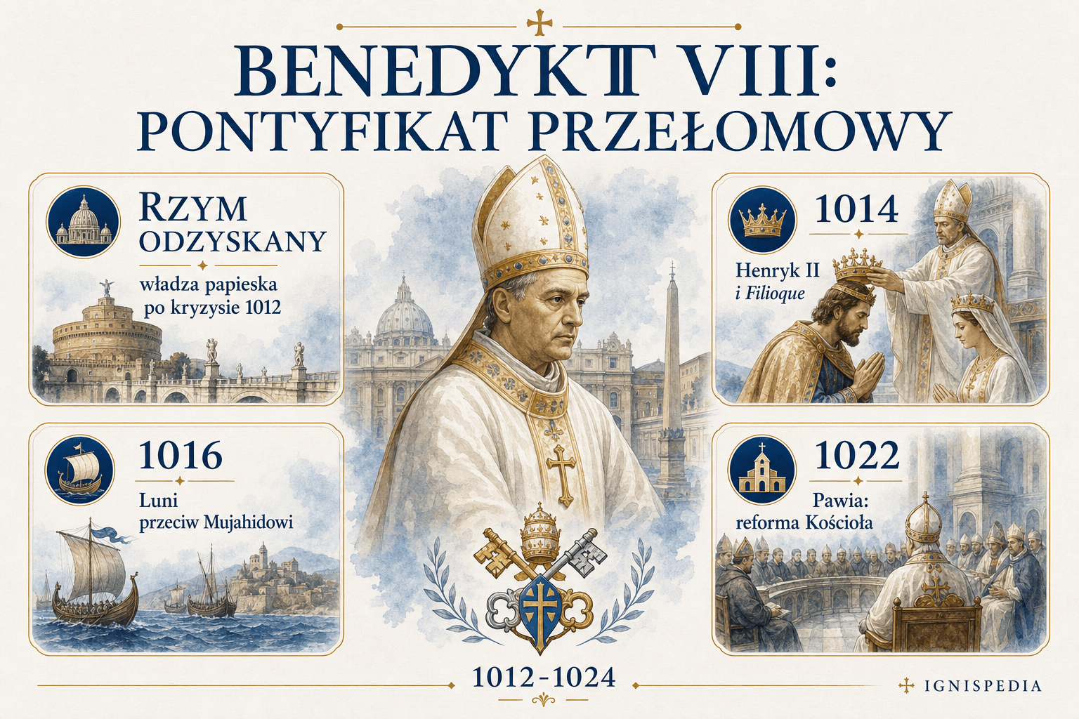 Infografika Benedykt VIII, pontyfikat przełomowy: odnowiony Rzym, Henryk II i Filioque, Luni przeciw Mujahidowi, Pawia reforma
