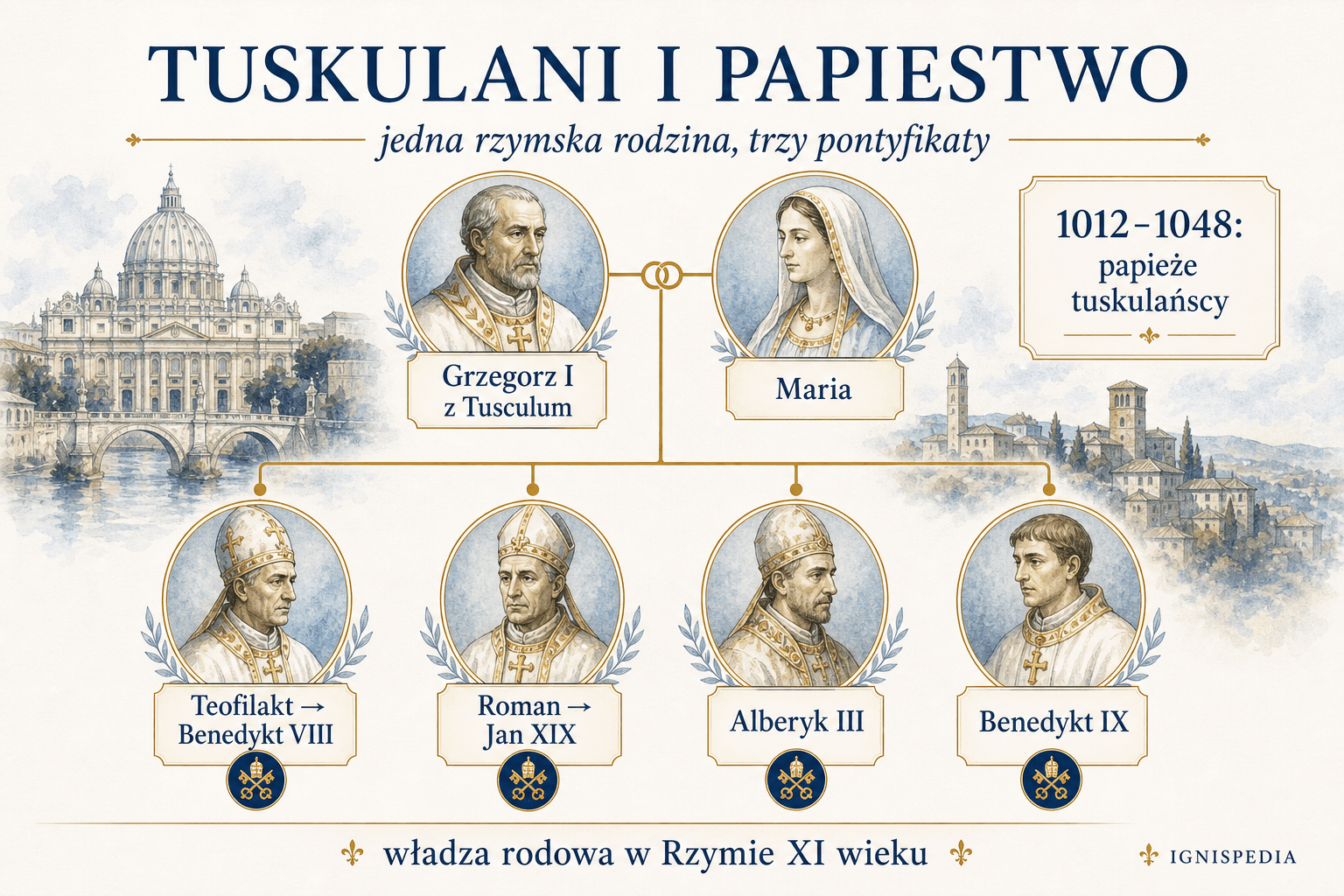 Infografika genealogiczna Tusculani: Grzegorz I z Tusculum, Maria, Benedykt VIII, Jan XIX, Alberyk III i Benedykt IX