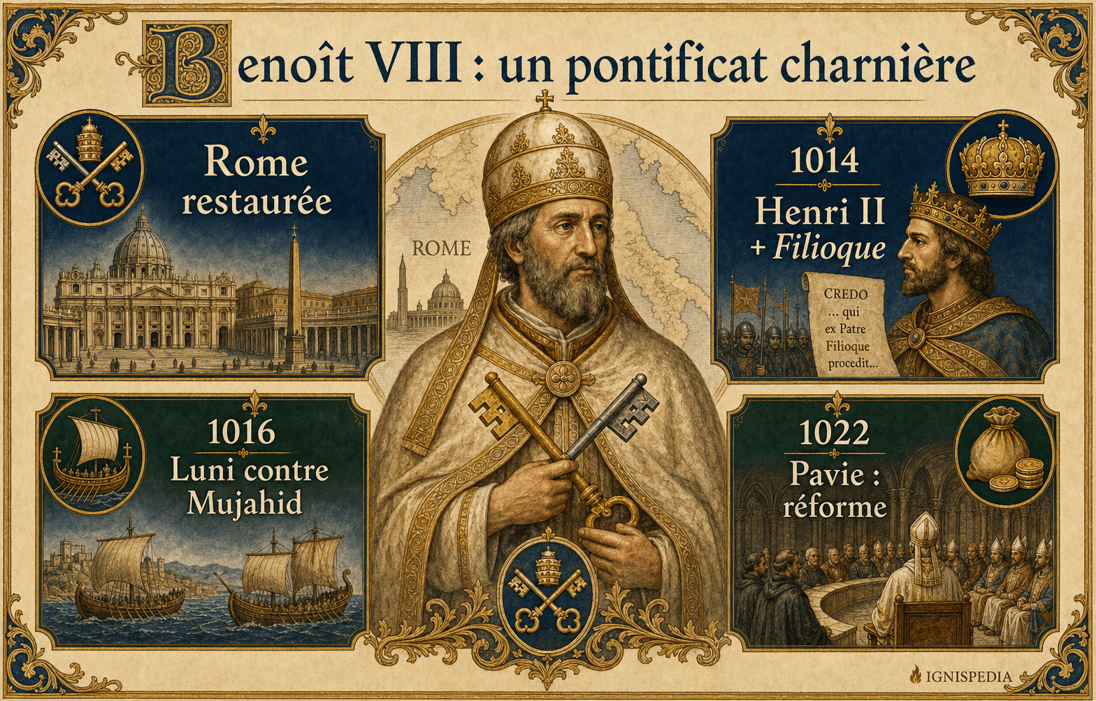 Infografik Benedikt VIII., ein Scharnierpontifikat: wiederhergestelltes Rom, Heinrich II. und Filioque, Luni gegen Mujahid, Reform in Pavia