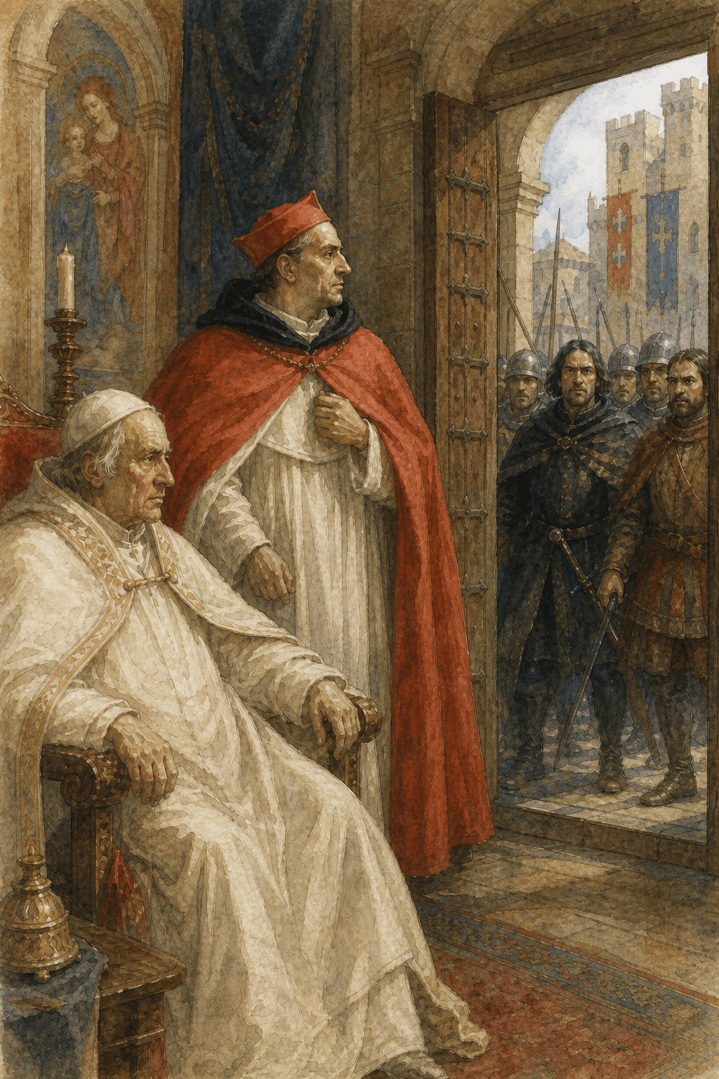 Cardinal Niccolò Boccasini remains beside Boniface VIII during the outrage of Anagni