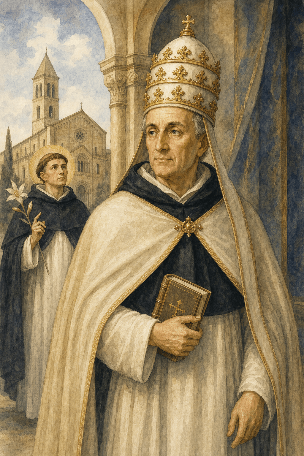 Watercolor portrait of Blessed Pope Benedict XI, the Dominican pope, before San Domenico in Perugia