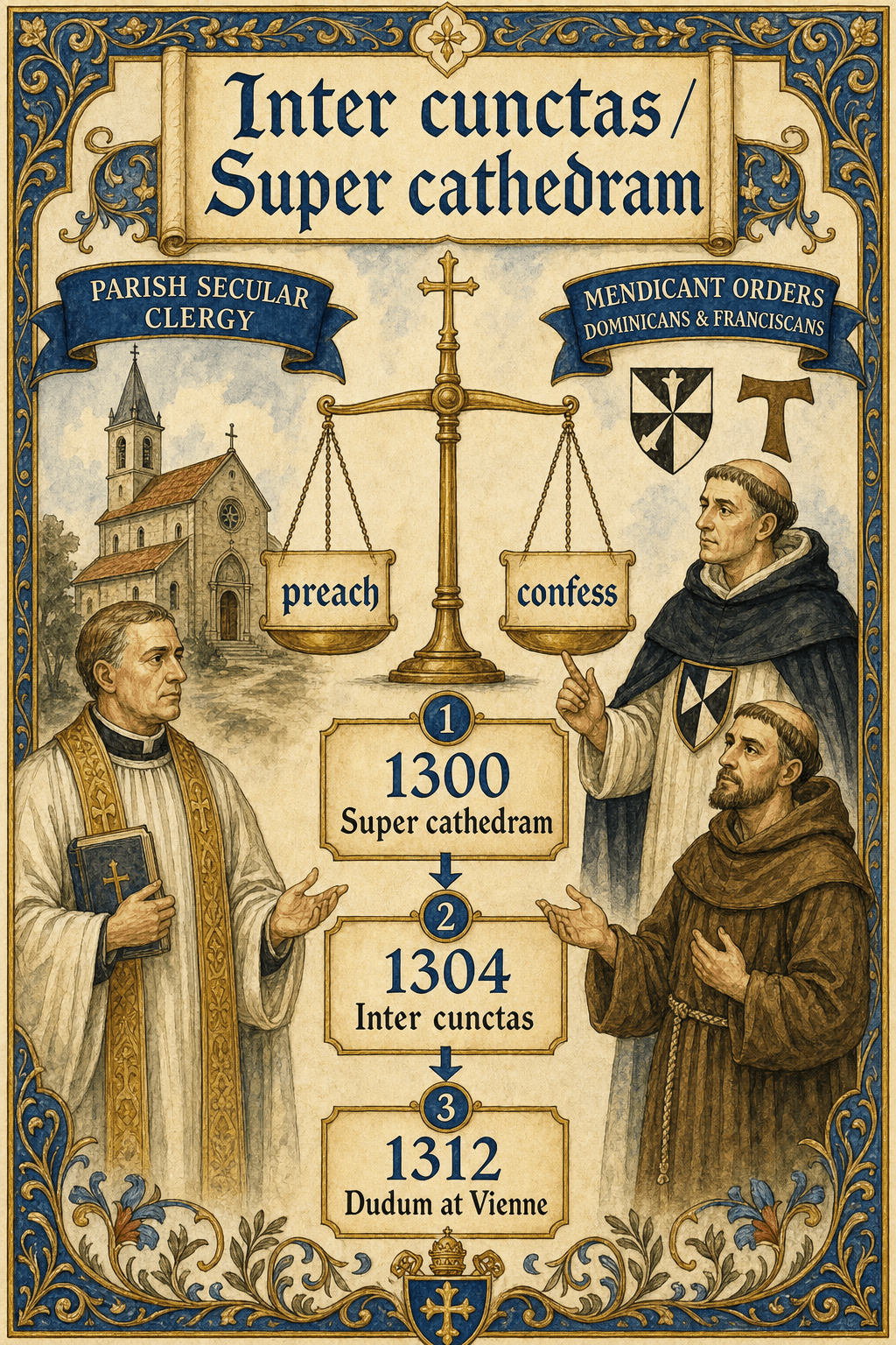 Infographic on Super cathedram, Inter cunctas, and Dudum in the dispute between secular clergy and mendicant orders