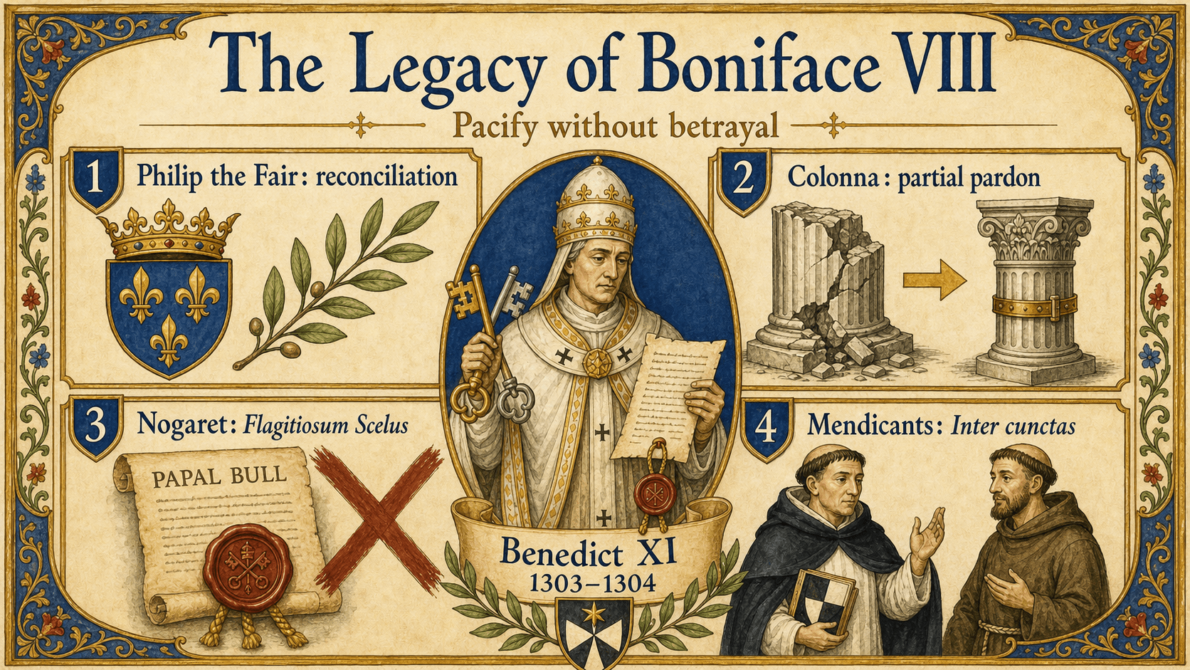 Infographic on Benedict XI's choices in the face of Boniface VIII's legacy