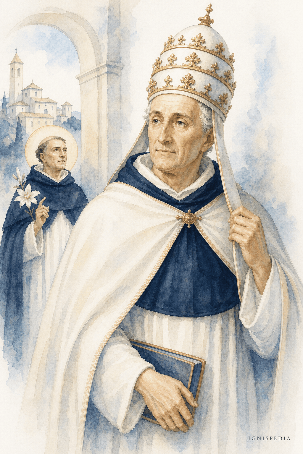 Retrato en acuarela del beato papa Benedicto XI, dominico convertido en papa, frente a San Domenico de Perugia