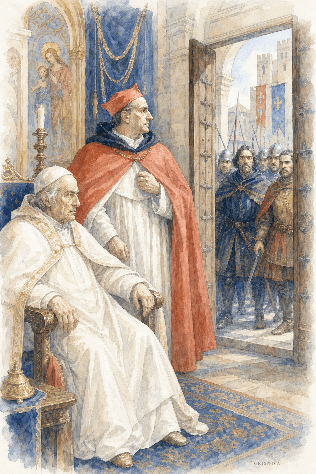 El cardenal Niccolò Boccasini permanece junto a Bonifacio VIII durante el atentado de Anagni