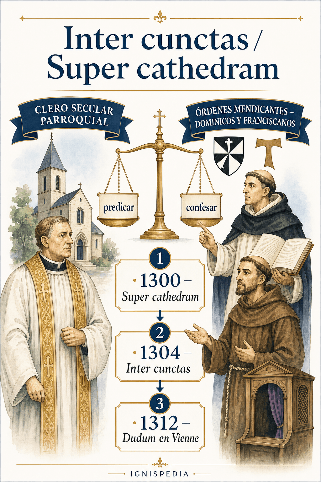 Infografía sobre Super cathedram, Inter cunctas y Dudum en la disputa entre clero secular y órdenes mendicantes