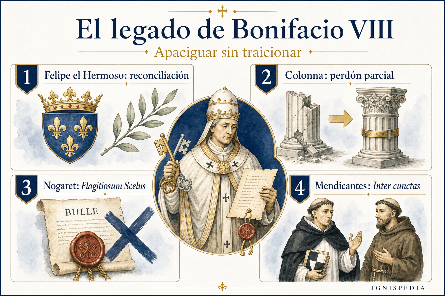 Infografía sobre las decisiones de Benedicto XI frente al legado de Bonifacio VIII