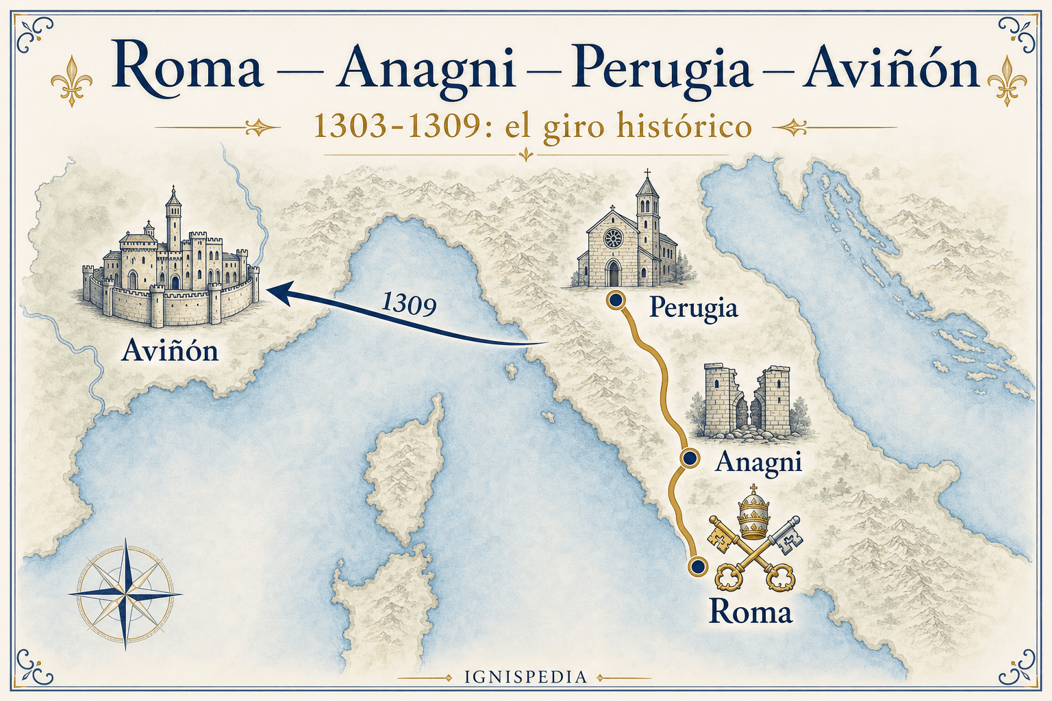 Mapa infográfico del traslado de el papado de Roma y Anagni hacia Perugia y luego Aviñón entre 1303 y 1309