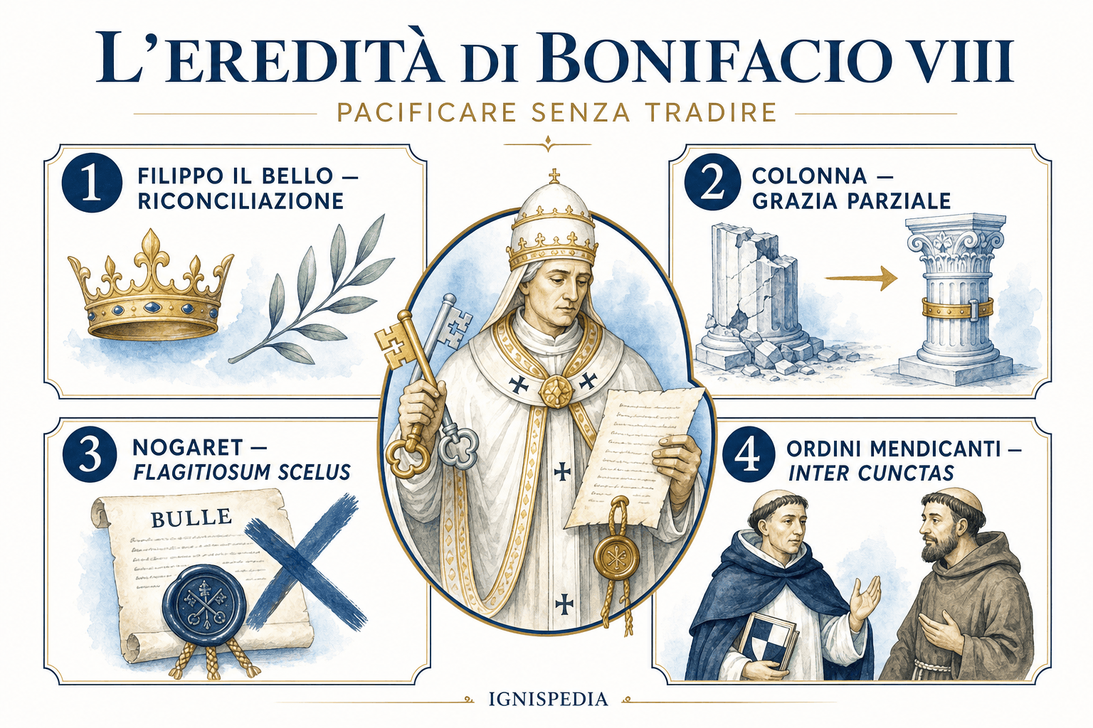 Infografica sulle scelte di Benedetto XI di fronte all’eredità di Bonifacio VIII