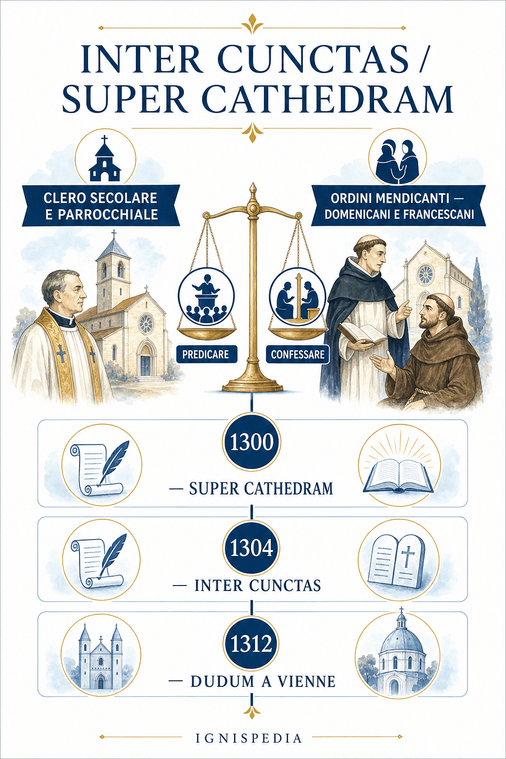 Infografica su Super cathedram, Inter cunctas e Dudum nella controversia tra clero secolare e ordini mendicanti