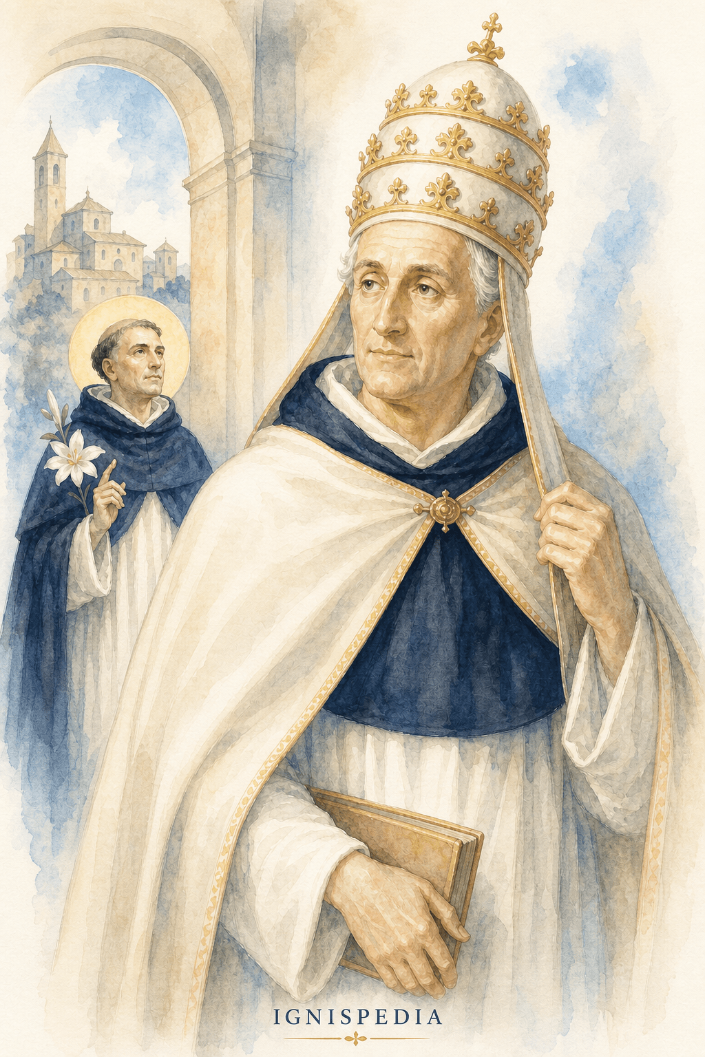 Ritratto ad acquerello del beato papa Benedetto XI, domenicano divenuto papa, davanti a San Domenico di Perugia