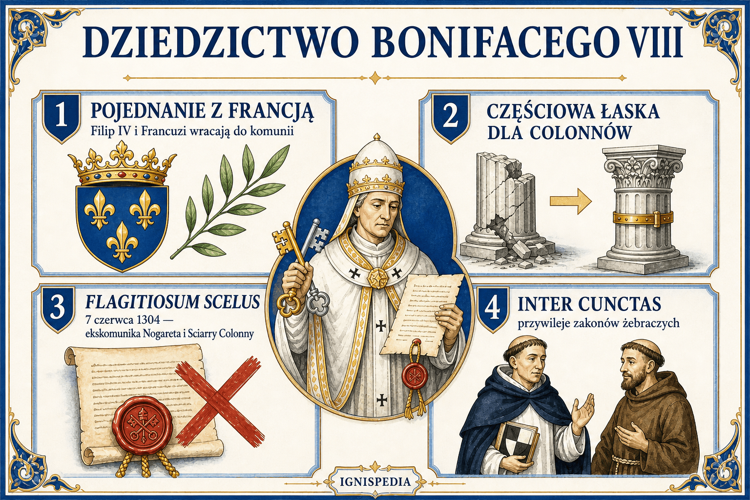 Infografika dotycząca wyborów Benedykta XI wobec dziedzictwa Bonifacego VIII