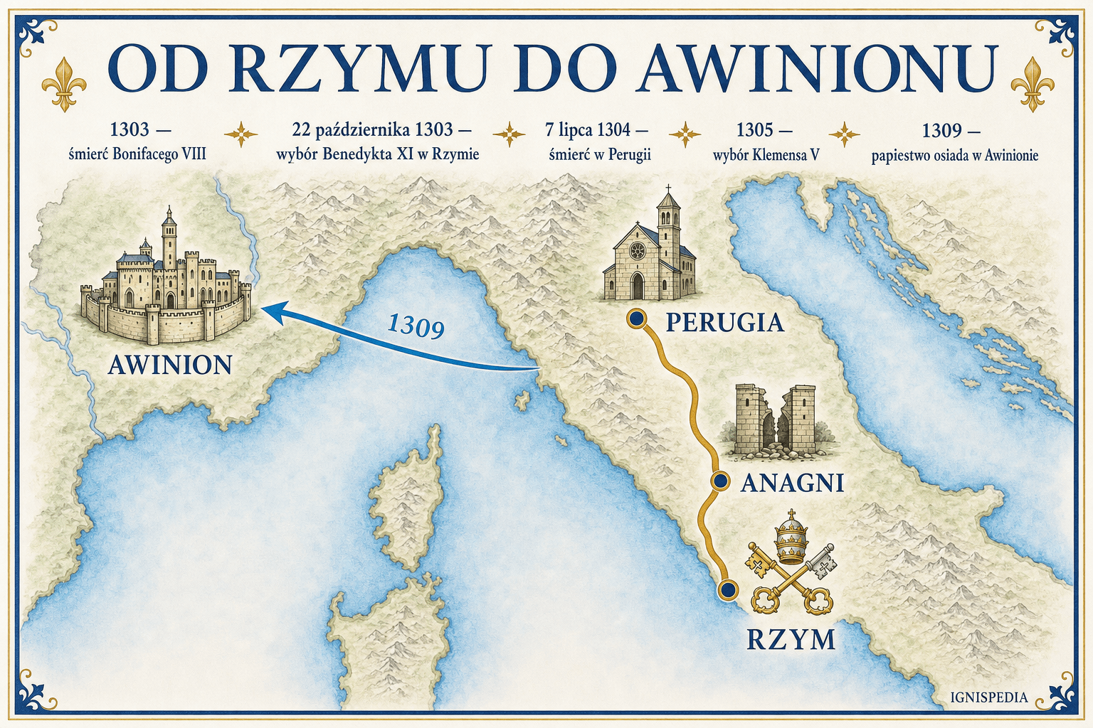 Infograficzna mapa przesunięcia papiestwa z Rzymu i Anagni do Perugii, a następnie do Awinionu w latach 1303–1309