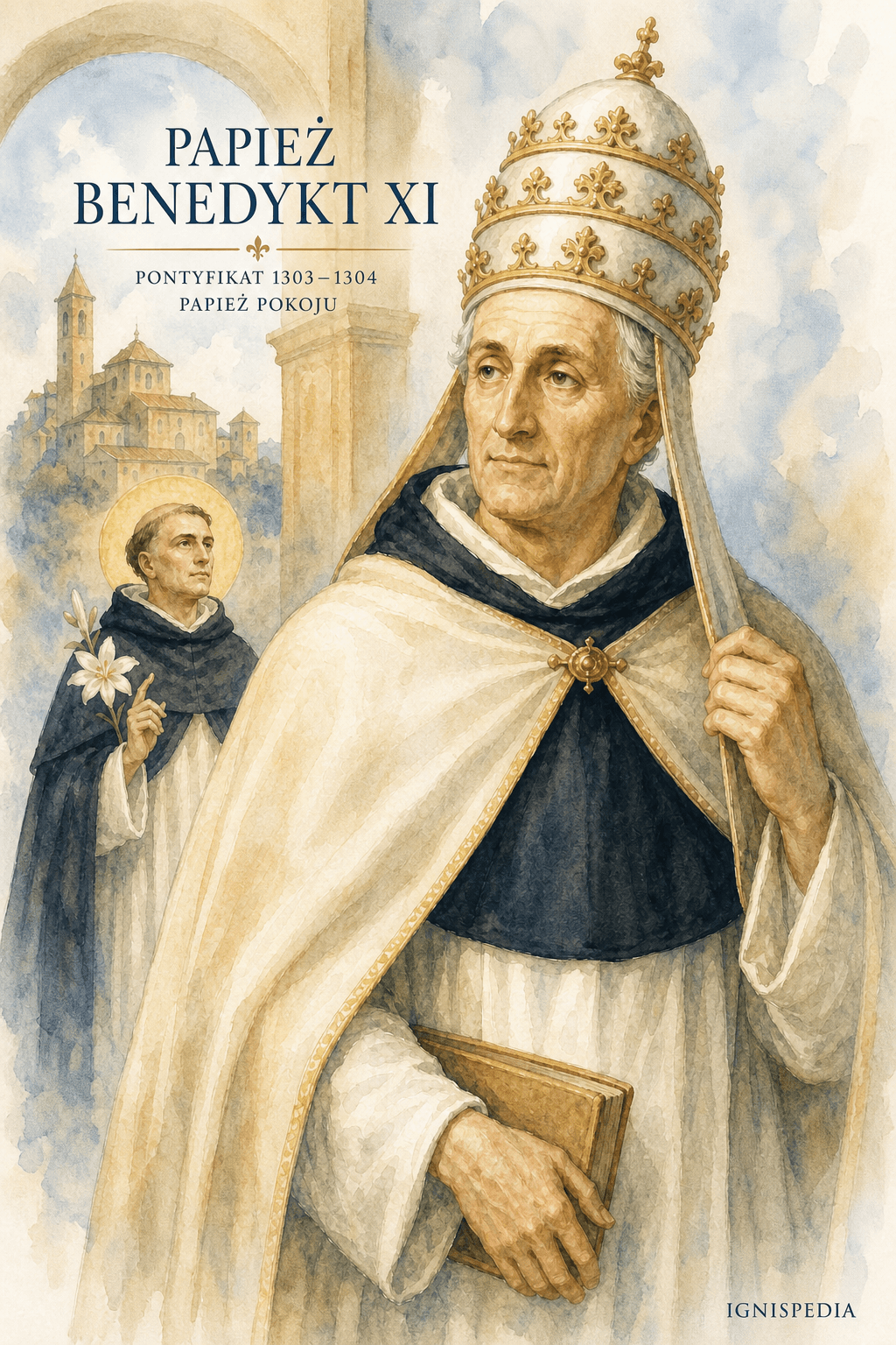 Portret akwarelowy błogosławionego papieża Benedykta XI, dominikanina, który został papieżem, przed San Domenico w Perugii