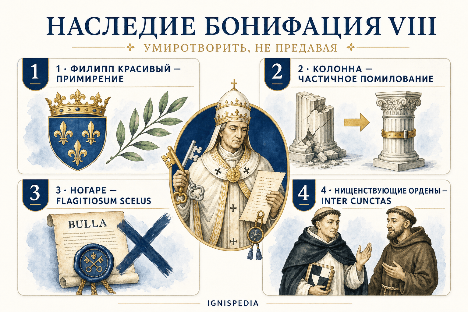 Инфографика о решениях Бенедикта XI в отношении наследия Бонифация VIII