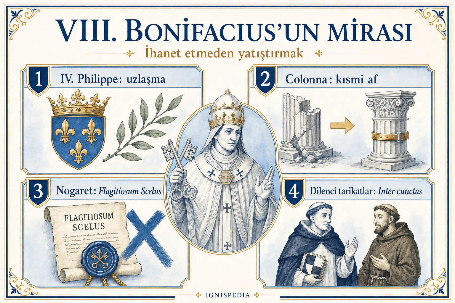 VIII. Bonifacius mirasına karşı XI. Benedikt'in tercihlerini gösteren infografik