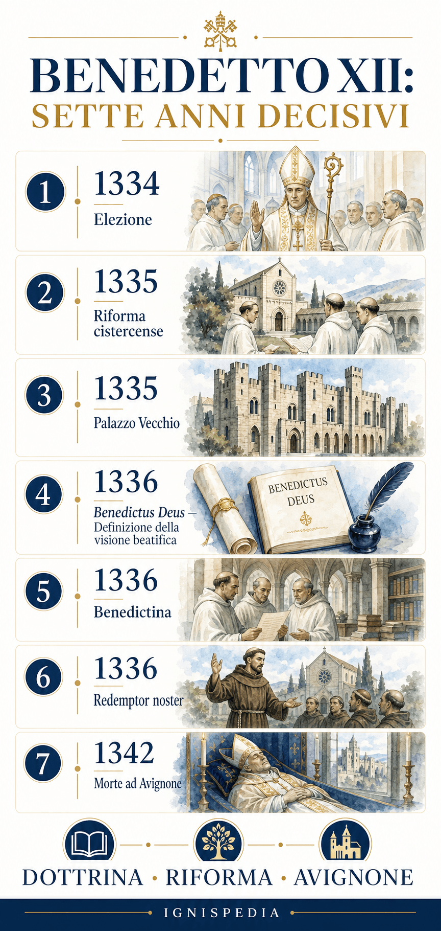 Infografica cronologica dei sette anni del pontificato di Benedetto XII, dall’elezione del 1334 alla morte ad Avignone nel 1342