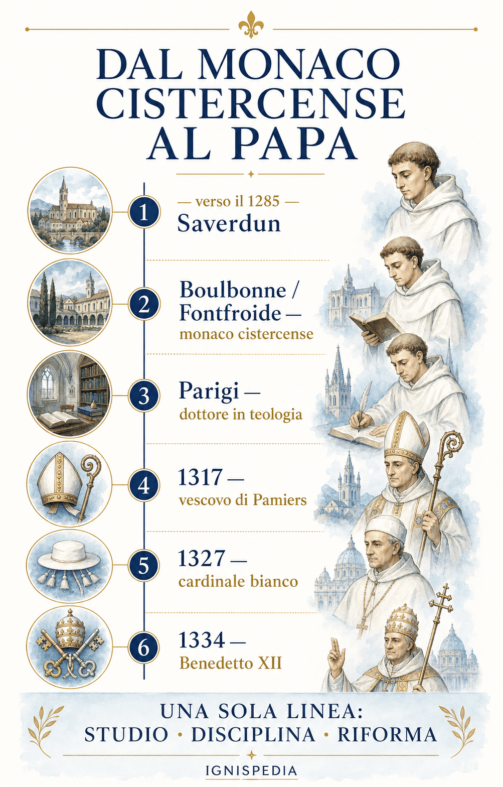 Infografica del percorso di Jacques Fournier, da monaco cistercense a papa Benedetto XII