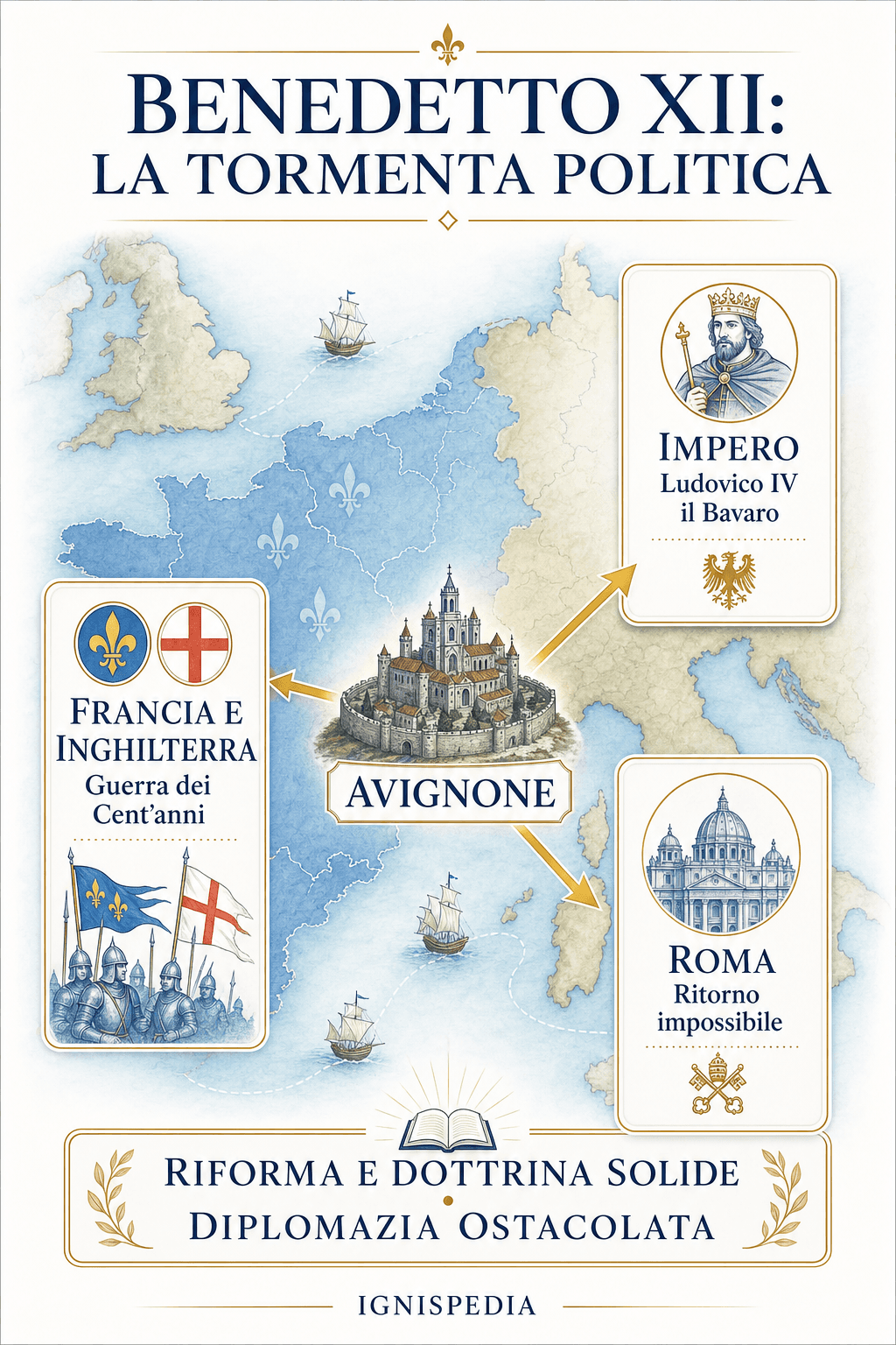 Infografica cartografica del pontificato di Benedetto XII tra Avignone, l’Impero, la Francia, l’Inghilterra e Roma