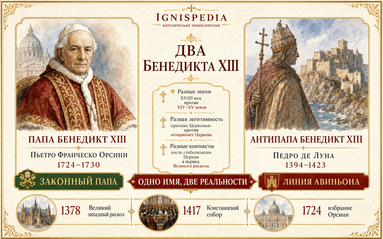 Инфографика, различающая Педро де Луну, антипапу из Авиньона, и Пьетро Франческо Орсини, законного папу Бенедикта XIII
